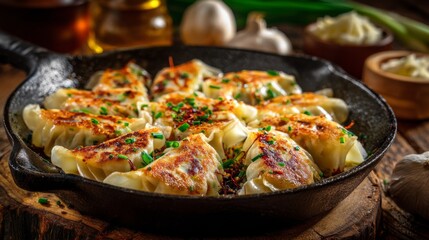 Fototapeta premium An artistic shot of gyoza being pan-fried in a skillet, with the crispy bottoms sizzling, surrounded by fresh ingredients like garlic and scallions for a vibrant presentation.