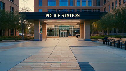 Modern police station entrance with clear signage and landscaped area