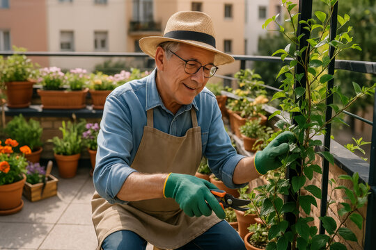 Senior man gardening on balcony surrounded by blooming plants