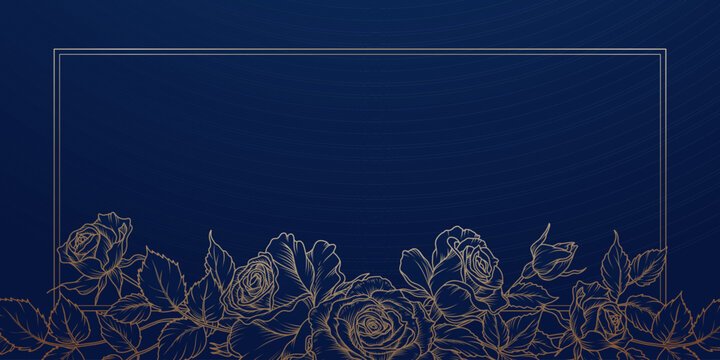 Luxury floral blue background with golden frame and rose flowers pattern in line art style. Hand drawn vector illustration for greeting card, wedding invitation, save the date, print, cover