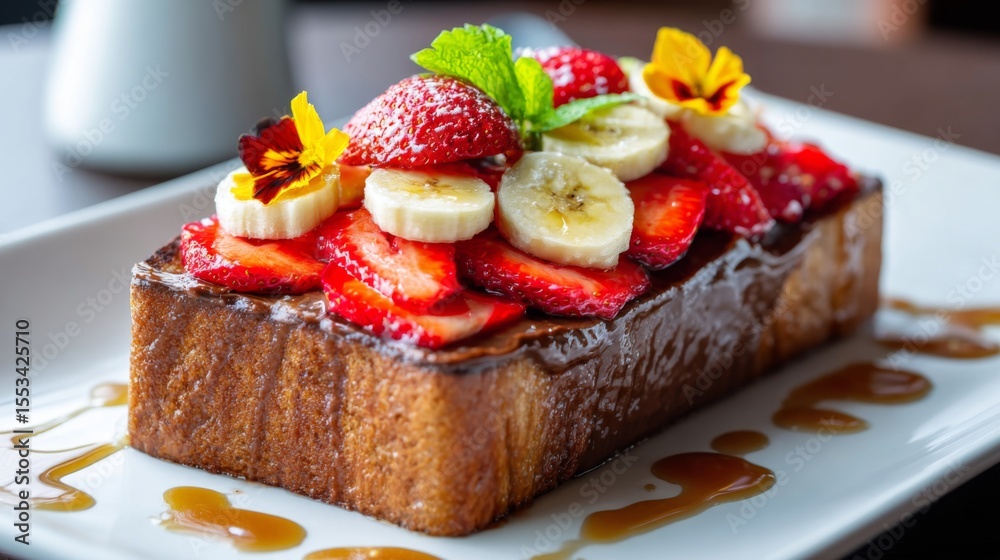 Poster an artistic shot of honey toast with a thick layer of nutella, topped with sliced strawberries and b