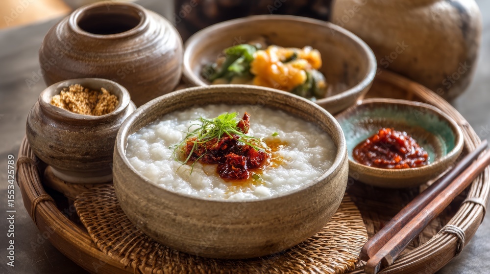 Poster An artistic shot of hot rice porridge served with a side of pickled vegetables and a small dish of chili paste, creating an inviting and delicious breakfast scene.