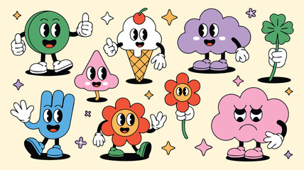 Fototapeta premium Collection of Groovy Cartoon Characters Circle, Ice Cream, Cloud, Flower, Hand, and Clover on Yellow Background