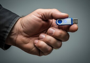 A hand firmly grips a USB flash drive with a glowing blue indicator light, highlighting data storage and technology.