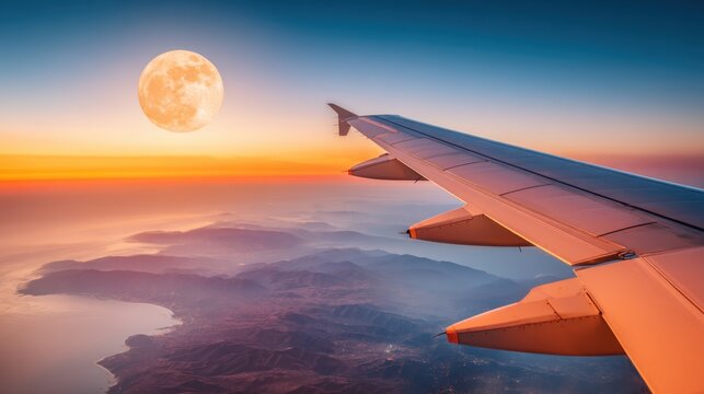Airplane wing view during a colorful sunset over mountains and full moon