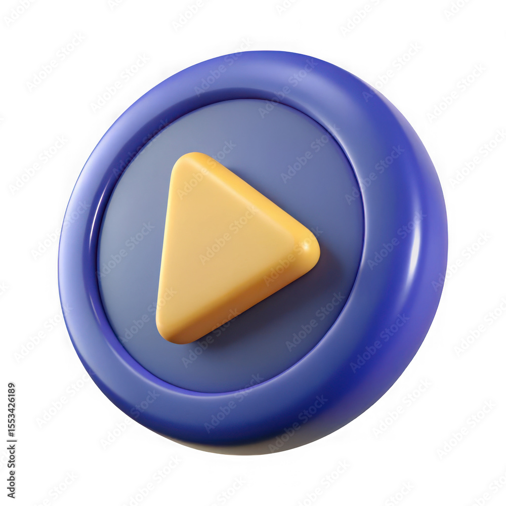 Poster a 3d rendered yellow play button icon with a rounded triangle shape inside a blue circular frame iso