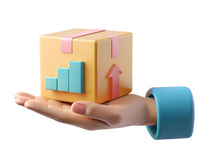 3d cartoon hand holding a package with growth chart and upward arrow isolated on transparent background