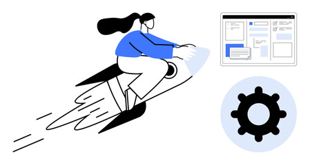 Woman riding a rocket symbolizing speed and efficiency online interface and gear icon convey task management, productivity, innovation, technology, development, teamwork, and performance. Simple flat