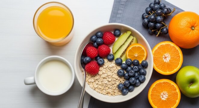 Healthy Oatmeal Breakfast Bowl with Fresh Berries, Kiwi, and Orange Slices