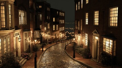 Fototapeta premium An artistic view of a winding street in a historic district, with beautiful architecture illuminated at night, creating a captivating scene that invites exploration