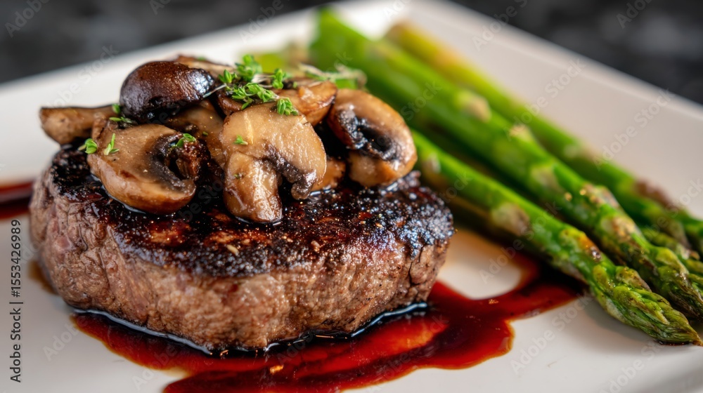 Poster an elegantly plated steak served with a side of sauted mushrooms and asparagus, drizzled with red wi