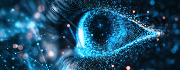High-tech iris scanning process, abstract data patterns, deep blue background, iris scan, biometric security
