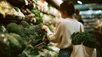 A woman browses fresh produce in a grocery store, carrying a tote bag filled with leafy greens.