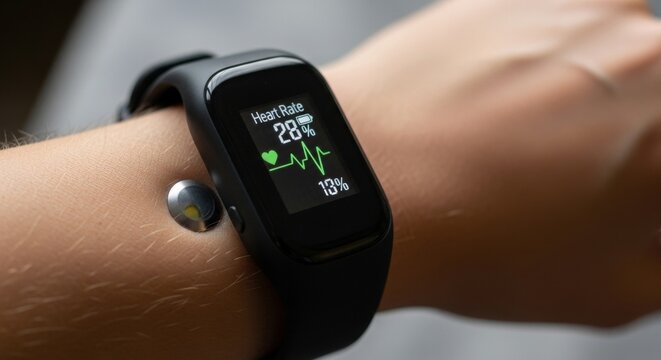Close-up of Smartwatch Displaying Heart Rate and Battery Percentage on Wrist