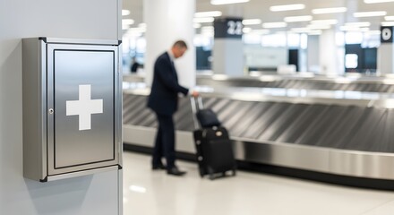 Wall mounted first aid kit box at an airport, providing emergency assistance and care for traveler's immediate health needs while traveling.