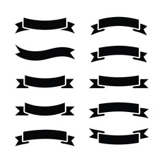 Ten Black Ribbon Banners with Various Shapes and Edges on a White Background