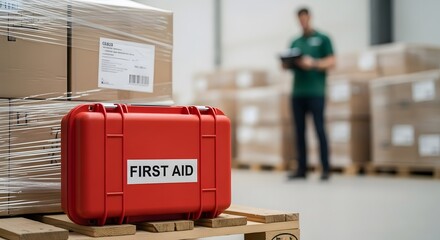 Bright red first aid kit sits on a pallet with supplies nearby in a warehouse, health and safety essentials ready for any workplace injuries.