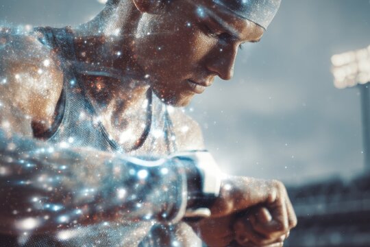 An athlete checks their smartwatch, ready to compete with a brilliant starry overlay.