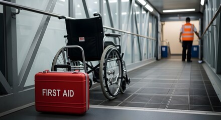 First aid kit and wheelchair near airport terminal help for disabled and emergencies ensuring safety during air travel and assistance