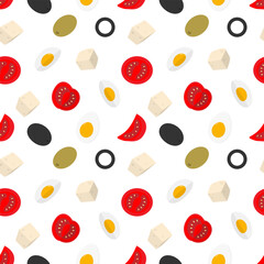 Half Boiled Egg Cheese cubes Olives and Tomatoes Slices Seamless Pattern Salad ingredients Backdrop