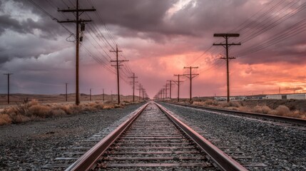 Obraz premium An empty stretch of railroad tracks leading into the horizon, with power lines running alongside and a dramatic sky above