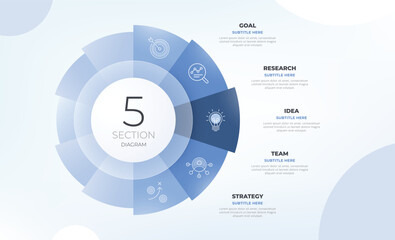 Semicircle pie chart divided into 5 parts. Concept of five step infographic