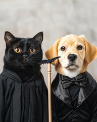 halloween pet costume fashion black cat in wizard robes and golden puppy in vampire tuxedo with mini broomstick between, spotlight center focus with orange vignette