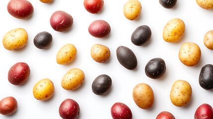 Colorful Small Potatoes Flat Lay on White Background