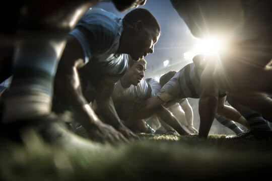 Rugby players engaged in an intense scrum during a competitive match in a stadium.
