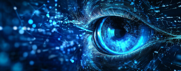 Abstract eye with encrypted data streams, biometric data protection, iris scan, technology privacy
