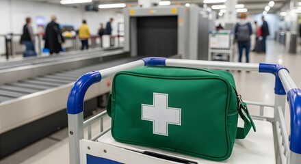 A green first aid kit bag sits on a metal luggage cart in an airport, ready for travel and health support on the go.