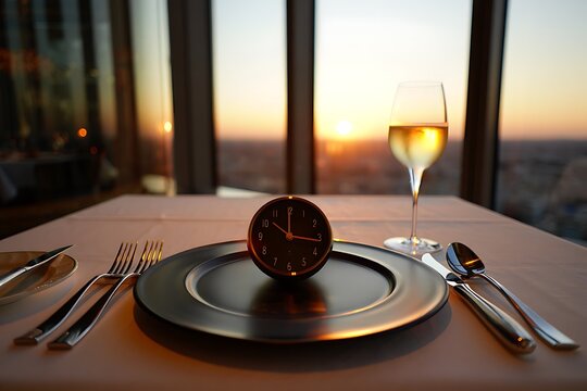 Romantic Sunset Dinner Elegant Table Setting with Clock and Wine Glass at a Rooftop Restaurant