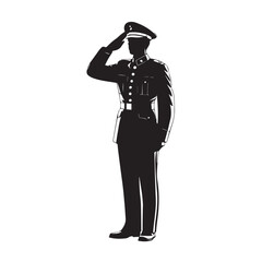 A formal military officer in uniform salutes respectfully with a crisp gesture depicted in a striking black silhouette against a clean white background