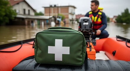 First aid kit on a rescue boat during flood relief efforts shows preparedness and aid during the disaster affecting flooded buildings.