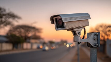 An outdoor bullet CCTV camera on a tall pole overlooking a quiet street at dusk, with a soft orange sky in the background