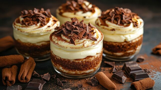 Four small tiramisu parfaits, topped with whipped cream and chocolate shavings