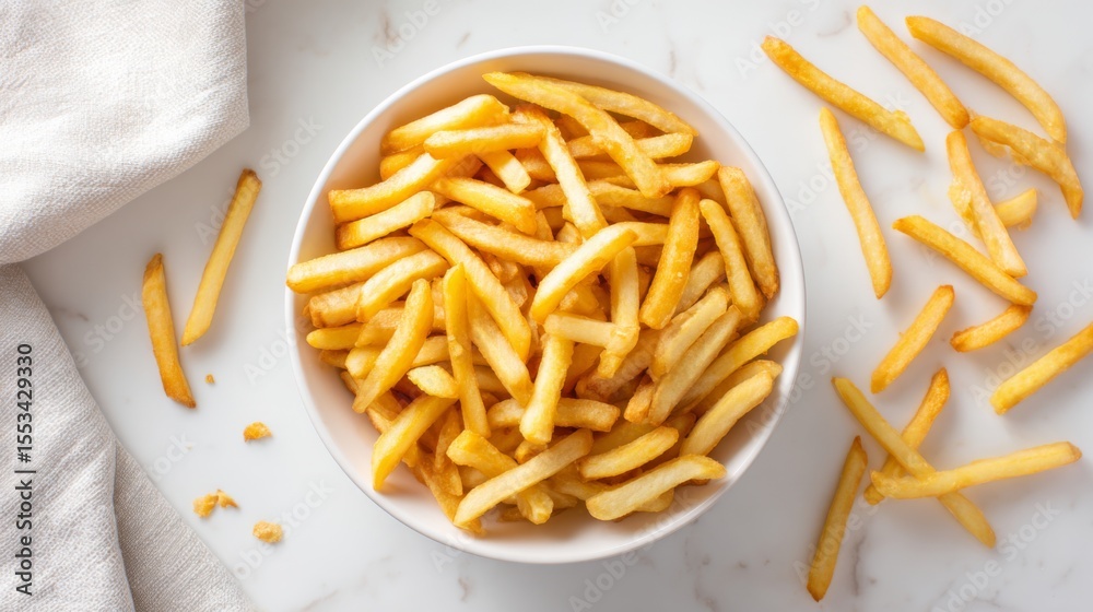 Poster An overhead shot of a generous serving of  in a white bowl, with some fries arranged neatly and others casually scattered on the white surface.
