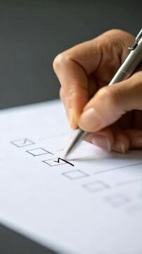 Close-up video of person using pen to mark checkmark on document, box checked with a smooth, precise movement.