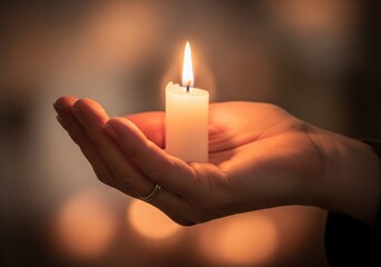 A hand gently cradles a glowing white votive candle, casting a warm light against a blurred, intimate background.