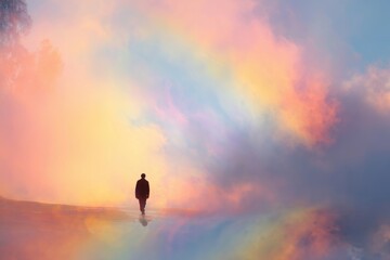 Obraz premium Man Walking into Rainbow Fog of Dreams