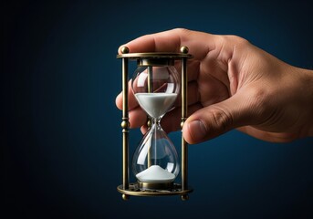 A hand holds an elegant hourglass with white sand flowing, symbolizing the passage of time and deadlines.