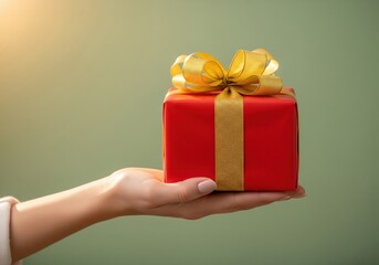 A hand offers a vibrant red gift box with a golden bow, symbolizing celebration, generosity, and joy.