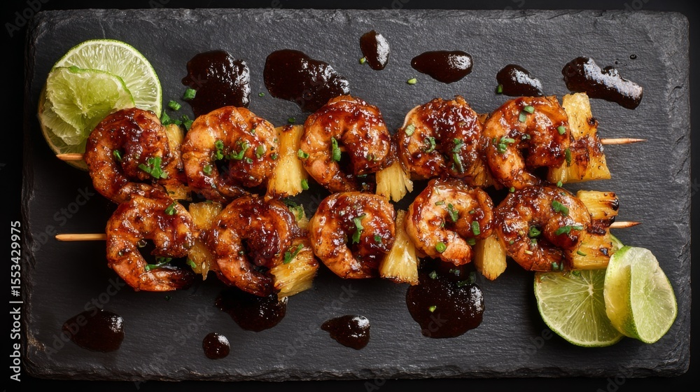 Poster an overhead shot of skewers of shrimp and pineapple, glazed with barbecue sauce, placed on a dark sl