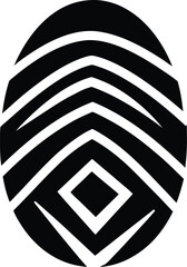 Black oval shape embodies geometric patterns forming layered chevron arrowhead design on white background