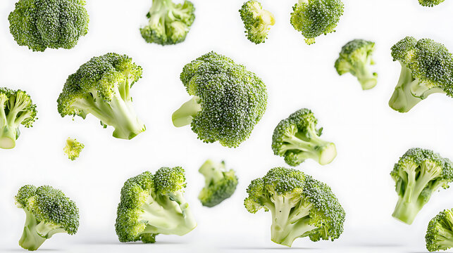 Fresh Green Broccoli Florets Falling on White Background