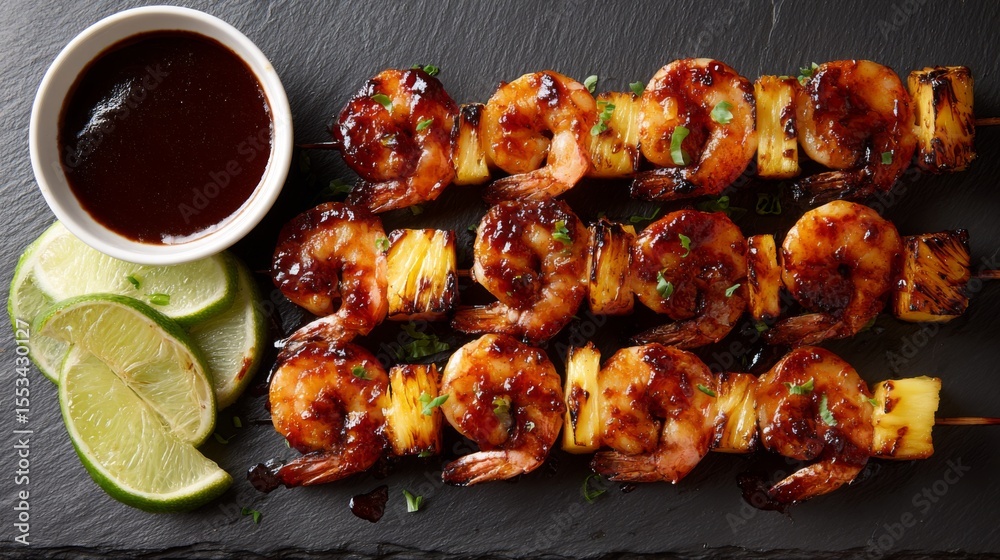 Poster an overhead shot of skewers of shrimp and pineapple, glazed with barbecue sauce, placed on a dark sl