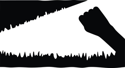 A silhouetted hand and arm holding a saw in the act of cutting something