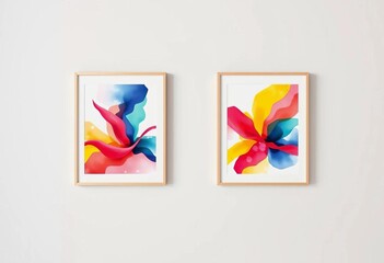 Two minimalist geometric frames showcase vibrant abstract art against a neutral wall,  bright,  mockup