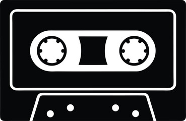 Monochrome depiction shows a retro cassette tape, outlined in white, with a transparent background