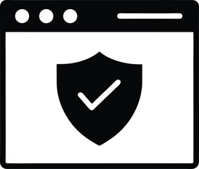A black shield icon with a white checkmark displays on a browser window